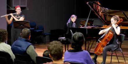 Image: ANU School of Music student Jojo Yuen (piano), sabelle Clarke-Randazzo (cello)and Emily Thornton (flute), classical student lunchtime concert 2024. Photo by Yun Hu