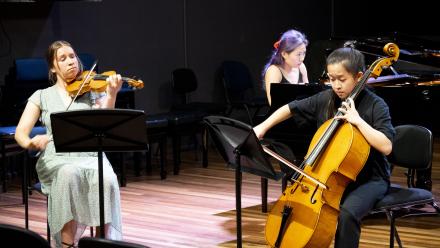 Image: ANU School of Music student Jojo Yuen (piano), Eloise Ng (cello)and Lucy Aras (violin), classical student lunchtime concert 2024. Photo by Yun Hu