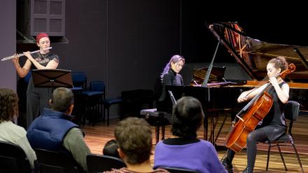 Image: ANU School of Music student Jojo Yuen (piano), sabelle Clarke-Randazzo (cello)and Emily Thornton (flute), classical student lunchtime concert 2024. Photo by Yun Hu