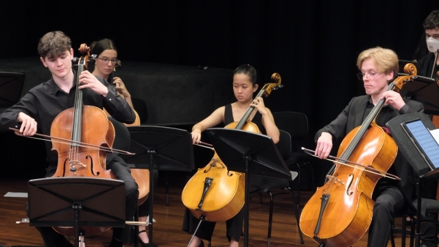 Photo: ANU School of Music students James Monro, Eloise Ng, and Gabriel Fromyhr (cello) performing with the ANU Chamber Orchestra. Photo by Peter Hislop