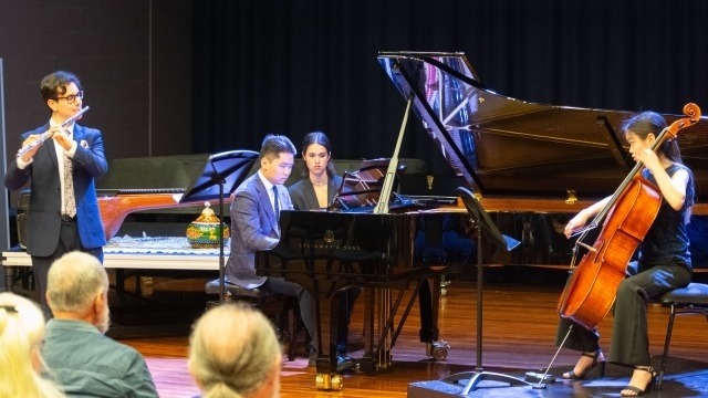 Image: ANU School of Music student Dante Costa (flute), Jacob Wu (piano) and Chloe Law (cello). Photo by Yun Hu /ANU.