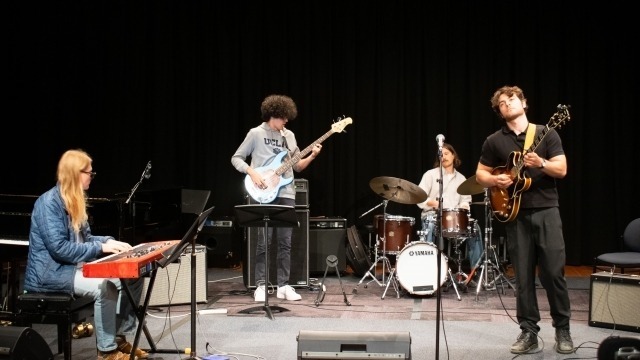 Photo: ANU School of Music students Aidan Herstik (guitar), Harrison Whalen (Bass), Dan Simmons (Drums) and Jamie Rea (Keyboard), Jazz & Contemporary Student Lunchtime Concert #2, 2024. Photo by Yun Hu.