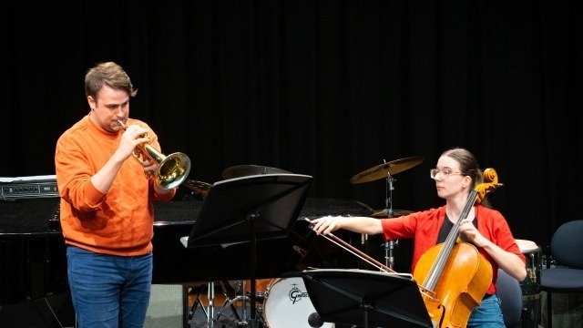 Image: Sam Hutchinson (flugalhorn) and Enola Jefferis (cello) at the Friends of the School of Music Ensemble Prize 2024. Photo by Yun Hu.