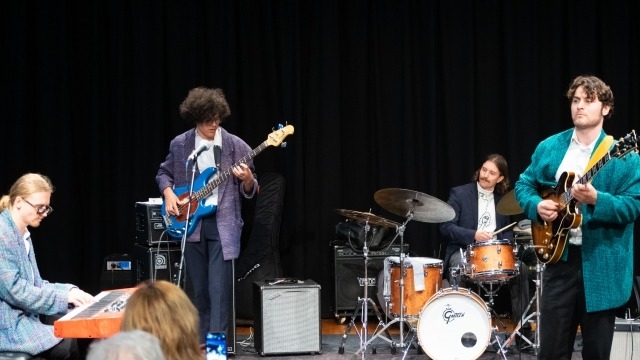 Image: ANU School of Music student band Orbit – Aidan Herstik (guitar), Jamie Rea (keys), Harrison Whalen (bass), and Dan Simmons (drums), Friends of the School of Music Ensemble Prize Finals 2024. Photo by Yun Hu / ANU.