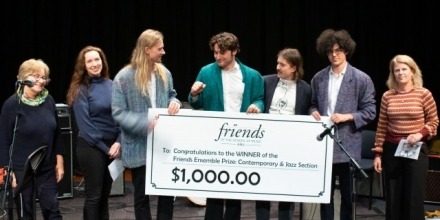 Image (from L to R): Lindy Reksten, Dr Sally Walker, ANU School of Music student band Orbit – Jamie Rea (keys), Aidan Herstik (guitar), Dan Simmons (drums), and Harrison Whalen (bass), Dr Kristin McGee, photo from Friends of the School of Music Ensemble Prize Finals 2024. Photo by Yun Hu / ANU.