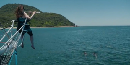 Musician Sally Walker plays her flute as dolphins swim alongside the boat and 'dance' to the melody. Photo: Murray Farrell