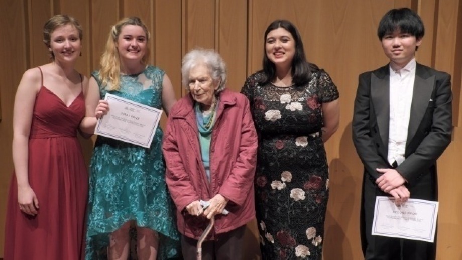 2022 competition winners. L-R (Christine Roach Special Prize) Zoë Loxley Slump, First Prize (voice) - Lily Ward, the late Ms Christine Roach, Third Prize (voice) - Emmeline Booth, Second Prize (piano) - Jacob Wu.