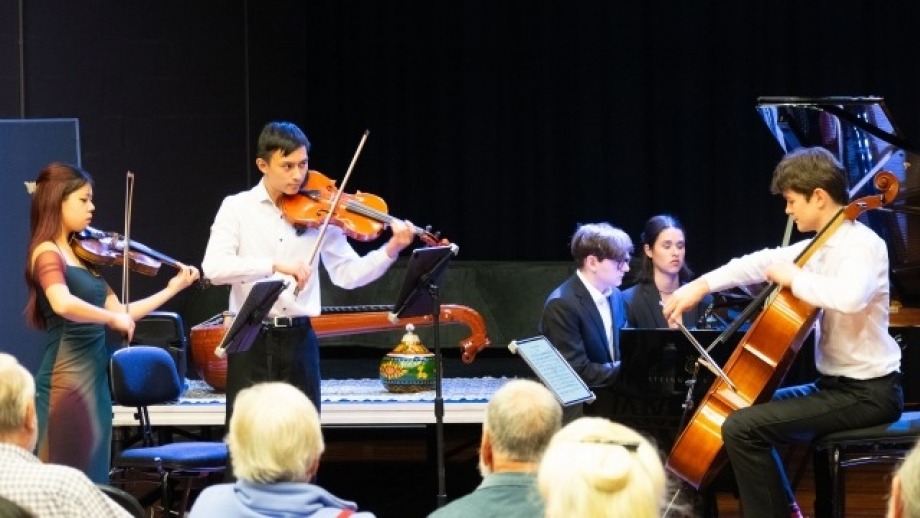 Photo: ANU School of Music students Anika Chan (violin), Brad Tham (viola), Rhys Butterworth (piano), and James Monro (cello). Photo by Yun Hu