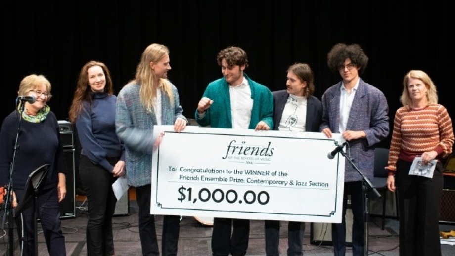 Image (from L to R): Lindy Reksten, Dr Sally Walker, ANU School of Music student band Orbit – Jamie Rea (keys), Aidan Herstik (guitar), Dan Simmons (drums), and Harrison Whalen (bass), Dr Kristin McGee, photo from Friends of the School of Music Ensemble Prize Finals 2024. Photo by Yun Hu / ANU.
